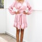 Satin deep v neck ruffle wrap dress Women bow belt lantern sleeve pink sexy dress robe Autumn winter