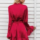 Elegant sashes v neck satin dress robe femme Irregularity ruffle sleeve autumn dress party Vintage w