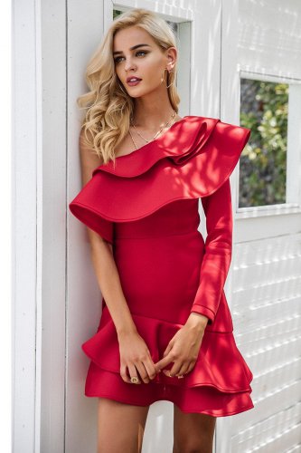 One shoulder ruffle bodycon dress Women elegant long sleeve autumn slim dress Female sexy party club