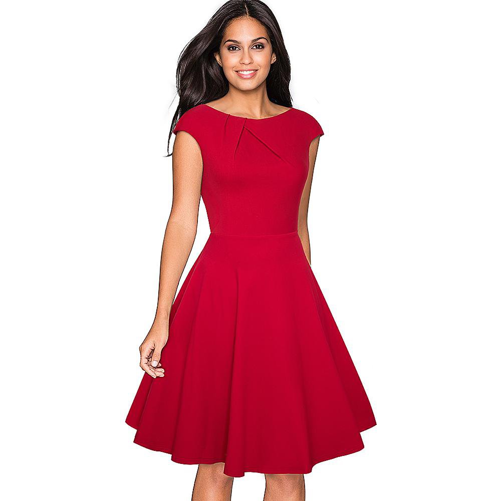 Women Elegant Summer Solid Color Ruched Cap Sleeve Casual Wear To Work Office Party Fitted Skater A-
