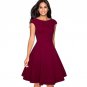 Women Elegant Summer Solid Color Ruched Cap Sleeve Casual Wear To Work Office Party Fitted Skater A-