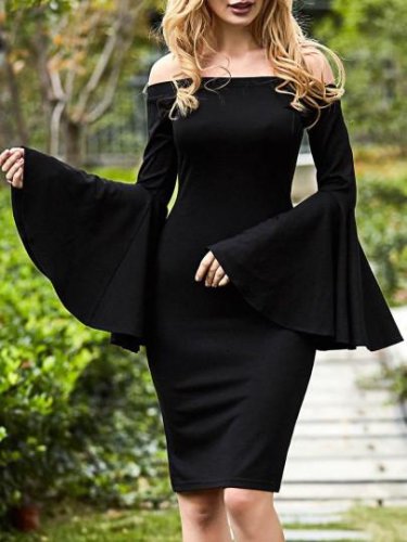Black Bell Sleeve Slash Neck Women\'s Sheath Dress