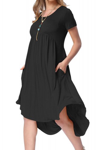 Black Short Sleeve High Low Pleated Casual Swing Dress