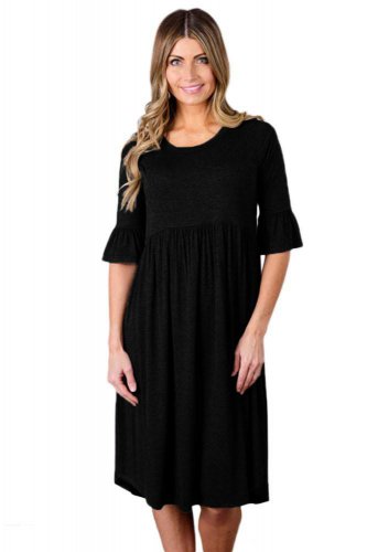 Black Ruffle Sleeve Midi Jersey Dress