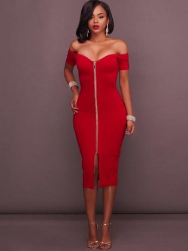 Slash Neck Front Zipper Women\'s Sheath Dress