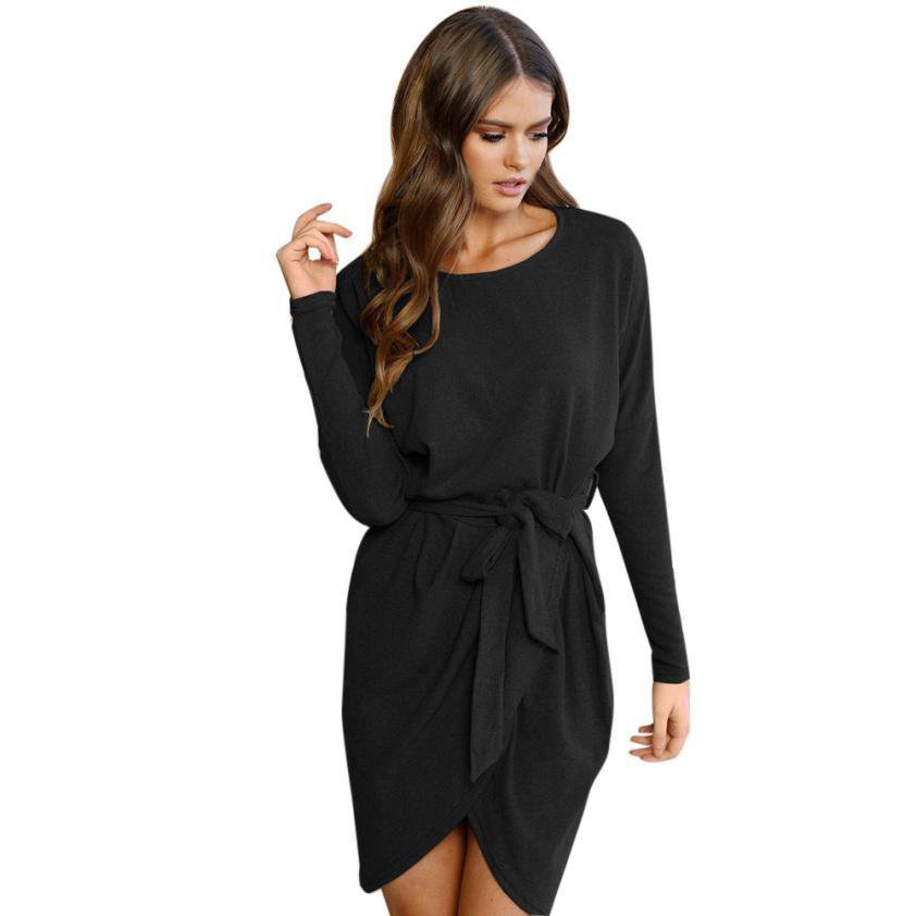 Autumn Bandage Dress Womens Ladies Long Sleeve Loose Standard Casual Solid Mini Belted Dress vestido