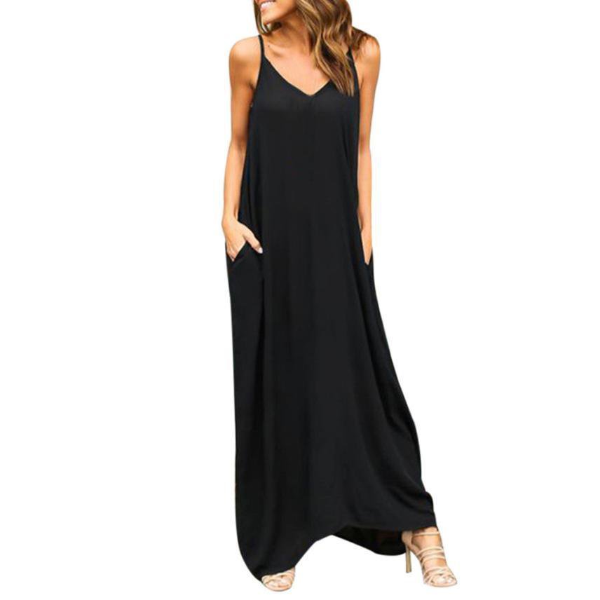 Summer Bohemian Dress Womens Sleeveless Hippie Boho Party Beach PocKet Solid Long Maxi Dress Vestido