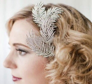 Women Tiara Crystal Feather Barrettes Bridal Hair Accessories Wedding Vintage Hair Jewelry