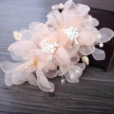 wedding party romantic white pink voile silk flower hair pin with beads bride handmade  hair jewelry