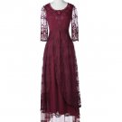 Floor Length Maxi Dress Crew Neck 3/4 Sleeve Wine Red Patchwork Lace Long Dresses Women Summer Vinta