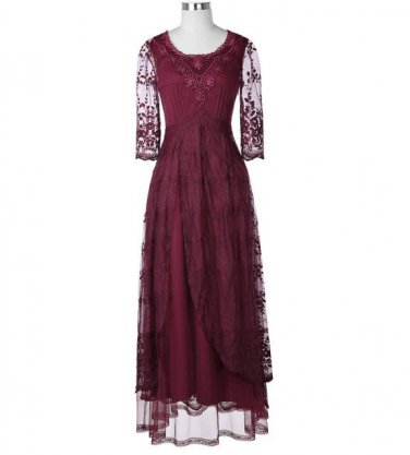 Floor Length Maxi Dress Crew Neck 3/4 Sleeve Wine Red Patchwork Lace Long Dresses Women Summer Vinta