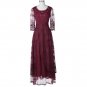 Floor Length Maxi Dress Crew Neck 3/4 Sleeve Wine Red Patchwork Lace Long Dresses Women Summer Vinta