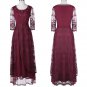 Floor Length Maxi Dress Crew Neck 3/4 Sleeve Wine Red Patchwork Lace Long Dresses Women Summer Vinta