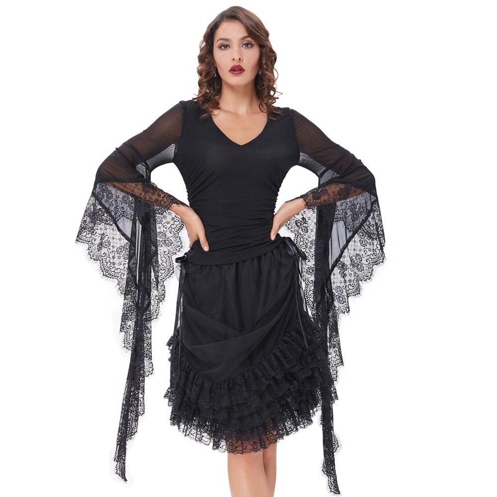 Gothic T Shirts Spring Summer Sexy Black Lace V Neck Long Sleeve Slim Young Girl Tops Solid Victoria