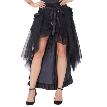 Belle Poque Black Skirts Womens Ruffled Long Open Skirt Steampunk Retro Asymmetrical Skirt for Danci