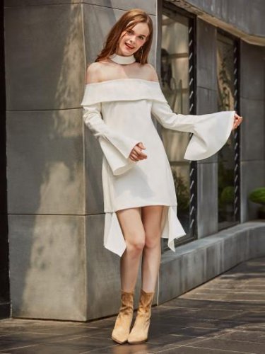 White Slash Neck Bell Sleeve Women\'s Day Dress