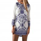 Women Vintage Long Sleeve Bodycon Print Casual Party Mini Dress
