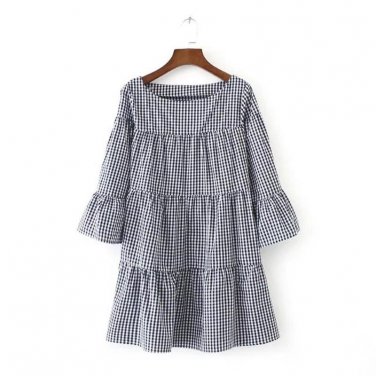 Summer Women Oversized Pleated Plaid Dress Elegant Flare Sleeve Loose Sweet Dresses Vestidos LM75