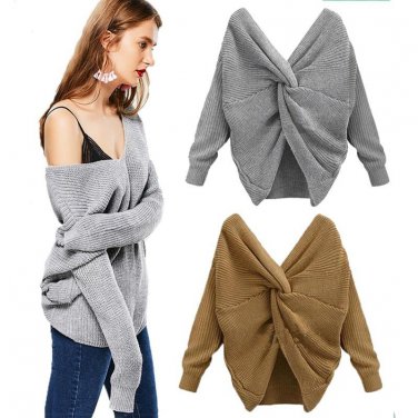 LOSSKY Spring Fashion Pullover Reversible Wear Sexy Women Sweater 2018 V Neck Backless Long Sleeve K