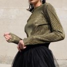 Women Long Sleeve Show Thin Spring Shiny Bling Glitter Joker Folds Metal Base T-Shirt
