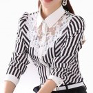 Women Blouse Long Sleeve Lace Tops Striped Turn-Down Collar Blouses Official Female Formal Shirt Spr