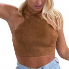 Sexy Corrugated Crop Top Women Suede Sleeveless Halterneck Tank Crop Tops Short Vest Blouse Tee Shir