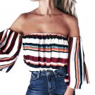 Summer Women Off The Shoulder Slash Neck Flare Sleeve Striped Women Shirt