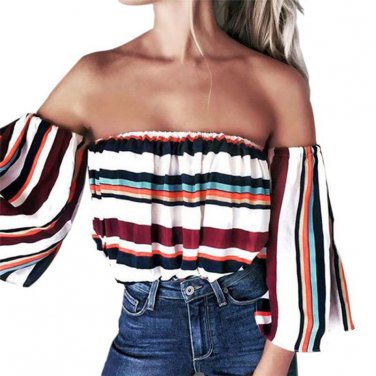 Summer Women Off The Shoulder Slash Neck Flare Sleeve Striped Women Shirt
