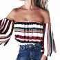 Summer Women Off The Shoulder Slash Neck Flare Sleeve Striped Women Shirt