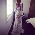 Women Dress Floor-Length Black White Lace Dress Adjust Waist Sexy See Through Floral Vestido