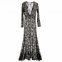 Women Dress Floor-Length Black White Lace Dress Adjust Waist Sexy See Through Floral Vestido