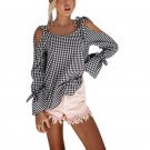 Women Plaid Shirt Full Sleeve Hollow Out Bow Shirt Fashion O-neck Sweet Ruff Sleeve Shirt
