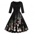 New Elegant Black Swan Print 50s Vintage Dress V Neck 3/4 Sleeved High Waist Belts Zipper Swing Part