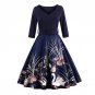 New Elegant Black Swan Print 50s Vintage Dress V Neck 3/4 Sleeved High Waist Belts Zipper Swing Part
