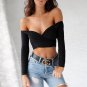 Women Sexy Off Shoulder Short T-shirt Crop Tops Low Cut Wrinkle Black White Wrap T Shirt 2018 Spring