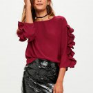 New 2017 Summer Women Fashion Blouse O-neck Long Sleeve Wood Ear Solid Color Casual Shirts Blouses W