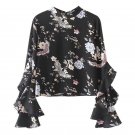 New Women Butterfly Sleeve Floral Print Shirt Vintage Stand Collar Loose Blouses Female Casual Retro