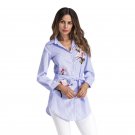 New 2017 Fashion Women Embroidery Long Blouse Blue And White Striped Lapel Long Sleeve Self Belted E