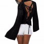 Women Flare Sleeve Pullovers Lace Up Halter Bats Knit Top Femme Turtleneck Solid Sweater