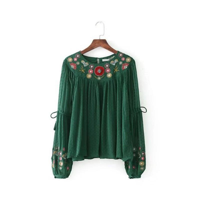 Women Elegant Noble Floral Embroidery Chiffon Shirts Long Lantern Sleeve O Neck Vintage Female Leisu