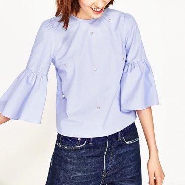 Lotus Leaf Sleeves Short Tees Tops Women Summer Leak Navel Short T-Shirts Solid Color Beaded T-Shirt