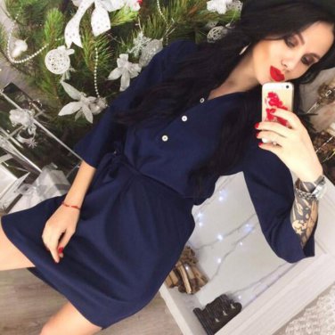 New 2018 Casual Spring Women Navy blue Pink shirt dress Vestidos Summer 3/4 Sleeve Party Office Work