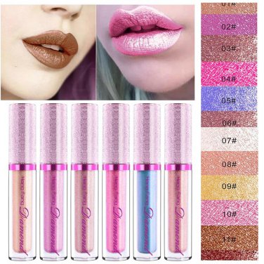 12 color Diamond Metallic Lip Gloss Glitter Metallic Liquid Lipstick Glitter Pearl Color Lipgloss Li