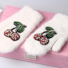 Winter Gloves Luxury Crystal Cherry decoration Rabbit fur gloves For Woman winter gloves girls Mitte