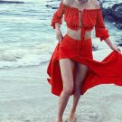 Summer Women Two piece set Beach Slash Neck Crop Long sleeve Top Skirt Sexy Hollow out Set Long Red 