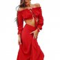 Summer Women Two piece set Beach Slash Neck Crop Long sleeve Top Skirt Sexy Hollow out Set Long Red