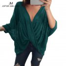 2018 Hot New T Shirt Women Sexy Cross V Neck Loose Tees Solid Color Batwing Sleeve Fashion Outwear F