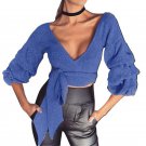 Bandage Knitted Sweater Women Lantern Sleeve Solid Wrap Belt Bowtie Pollovers Jumper Crop Tops Autum