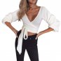 Bandage Knitted Sweater Women Lantern Sleeve Solid Wrap Belt Bowtie Pollovers Jumper Crop Tops Autum