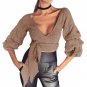 Bandage Knitted Sweater Women Lantern Sleeve Solid Wrap Belt Bowtie Pollovers Jumper Crop Tops Autum